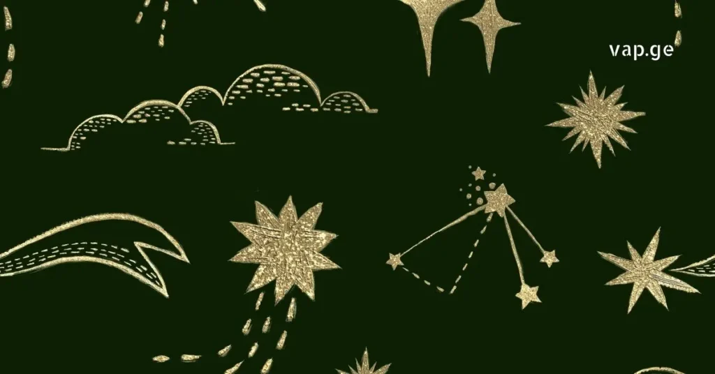 Gold starry night illustrations on dark background.